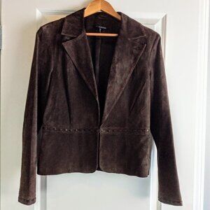 In Suede Brown Satin Ribbon Trim Suede Jacket